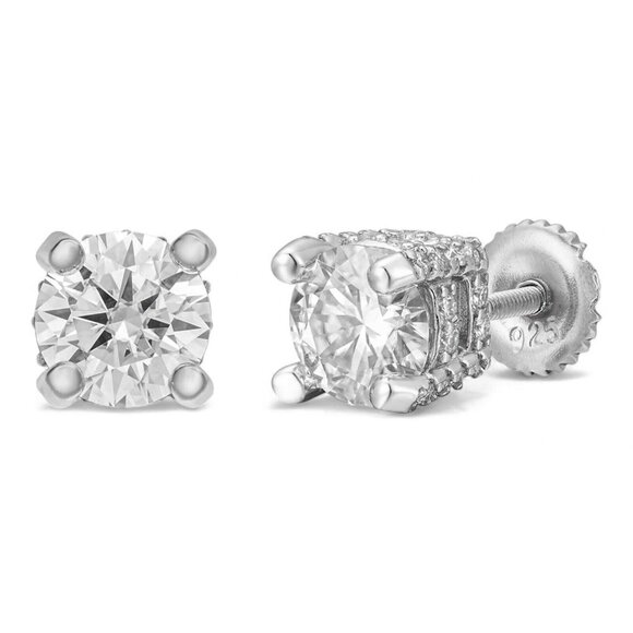 Sterling Silver Fully Iced Round Solitaire Circle Stud Screw Back Earrings - Picture 1 of 7